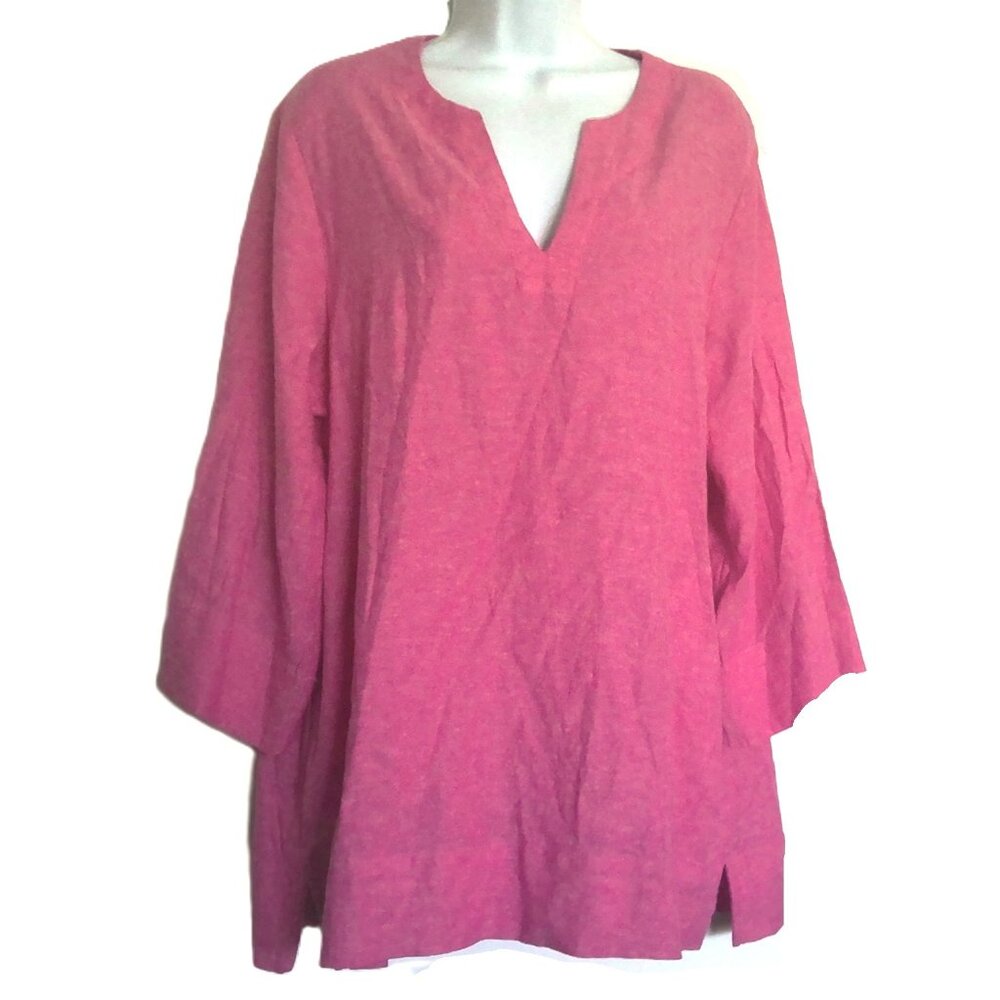 New Land's End Tunic Top Pink 3/4 Sleeve Slit Pockets Linen / Viscose NWOT Sz L